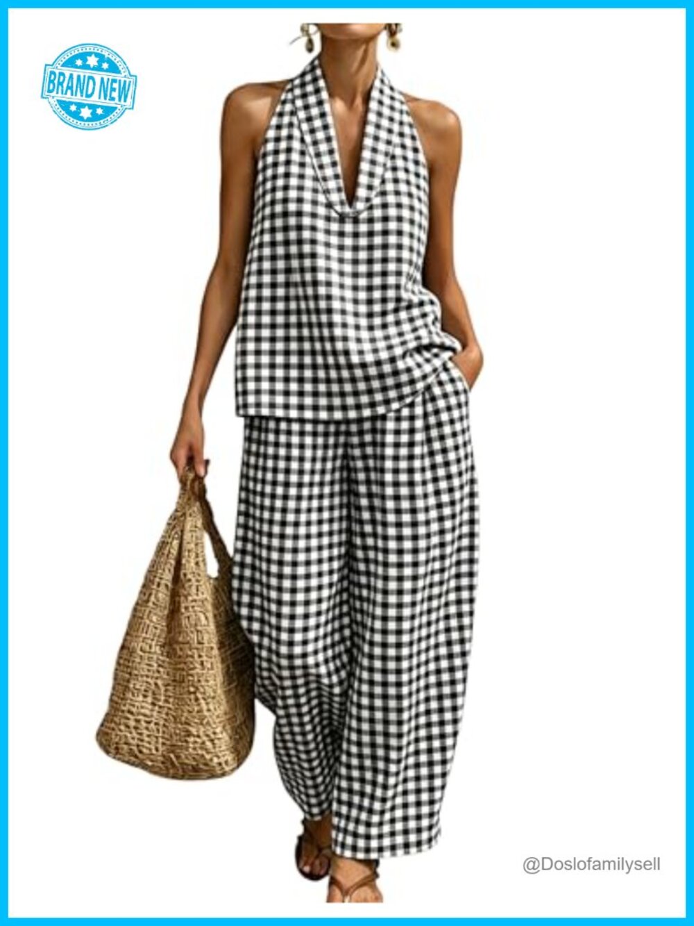 Plaid Halter Tank Top Wide Leg Pant Set Cotton Lounge Matching